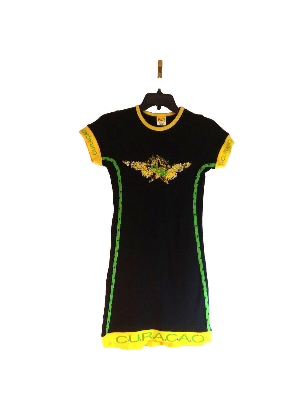 PNP Bodycon Tenniscore Graphic Contour Fit Dress Womens S/M Black "Curacao" Y2K